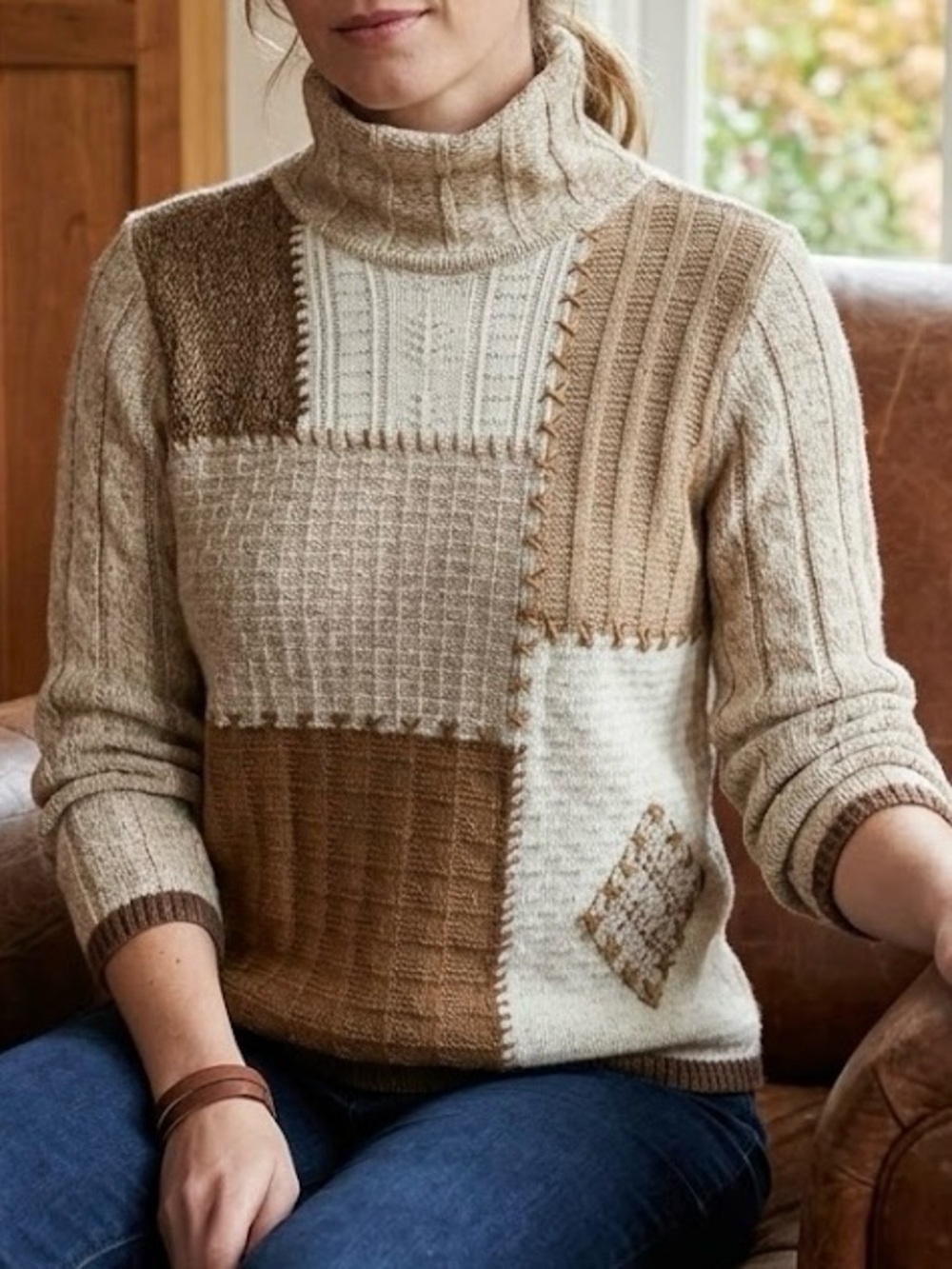 Emma James Vintage Patchwork Turtleneck Sweater - Neutral Earth Tones Boho